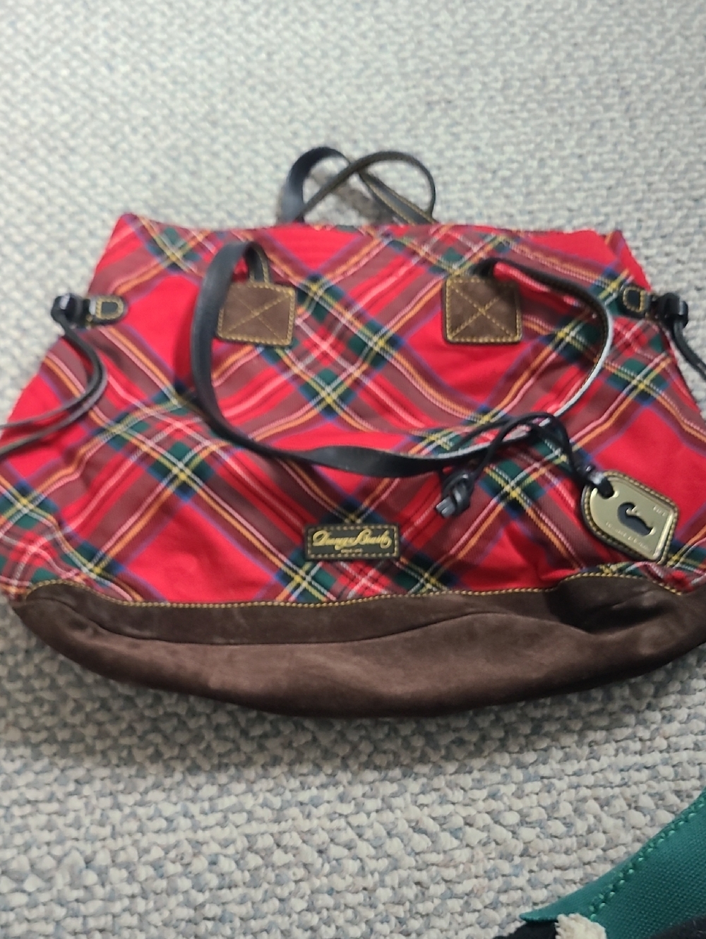 Dooney & Bourke Red Plaid Tote with Brown Trim and Black Handles